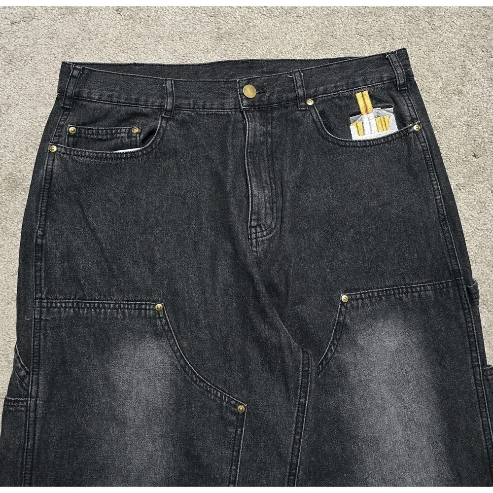 VTG Black Dart Double Knee Baggy Cargo Carpenter Jeans Mens M 33 Embroidered 90s